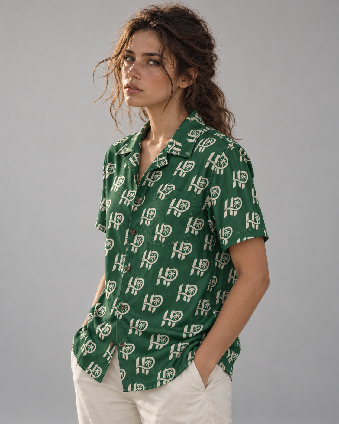 Women's HP Signature Monogram Hawaiian Shirt – Forest Green & Cream