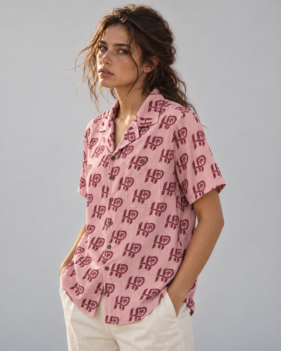 Women's HP Signature Monogram Hawaiian Shirt – Blush & Burgundy