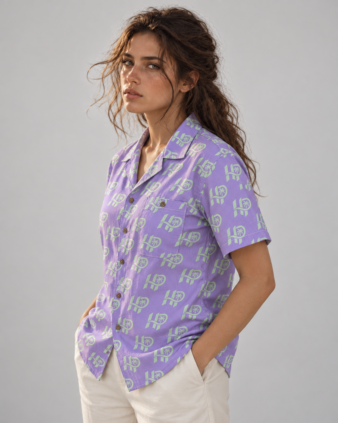 Women's HP Signature Monogram Hawaiian Shirt – Lavender & Mint