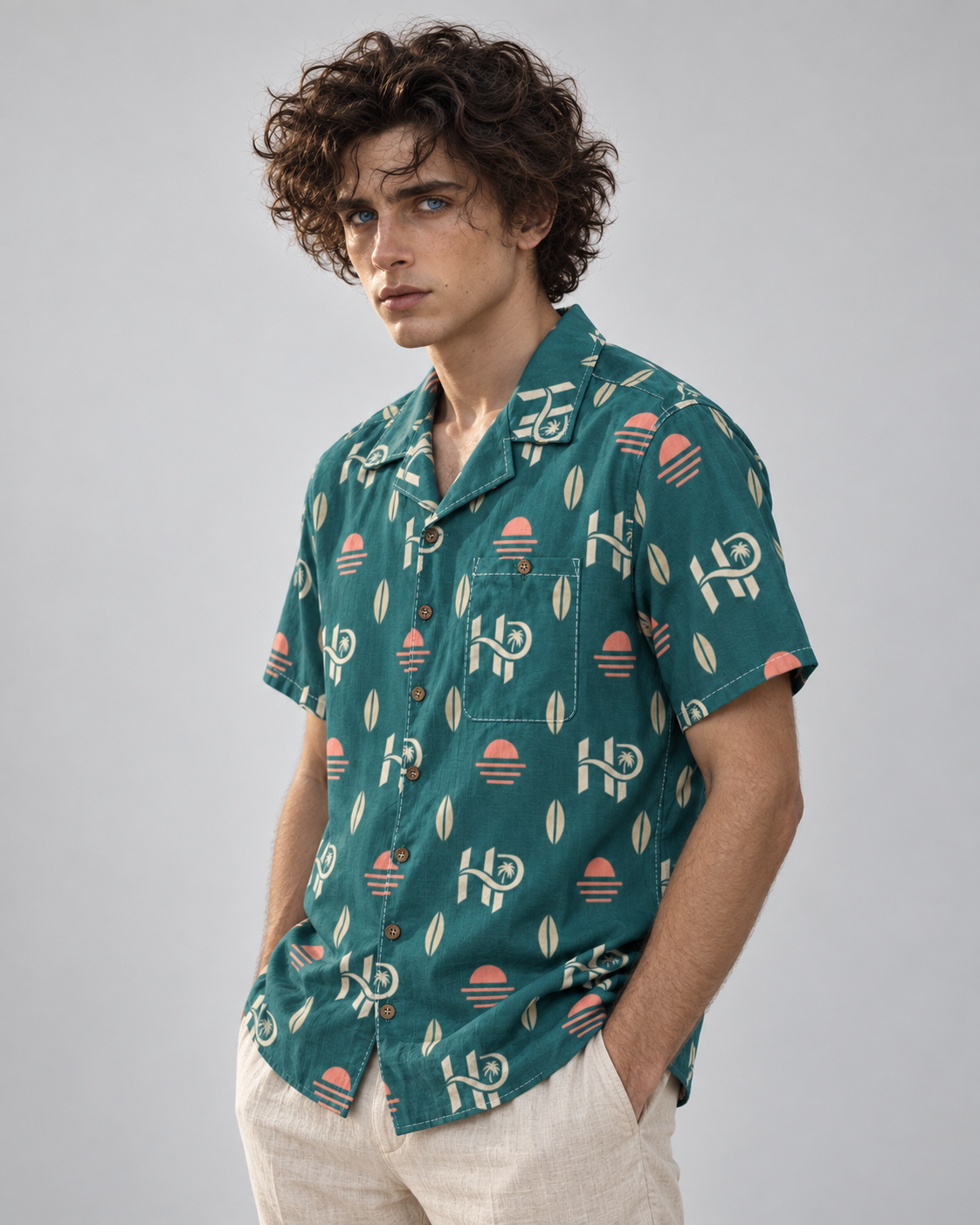 HP Sunset Monogram Hawaiian Shirt – Teal & Coral