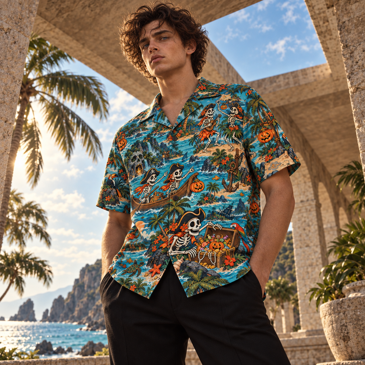 Men's Halloween 2026 Skeleton Pirate Cove Hawaiian Shirt