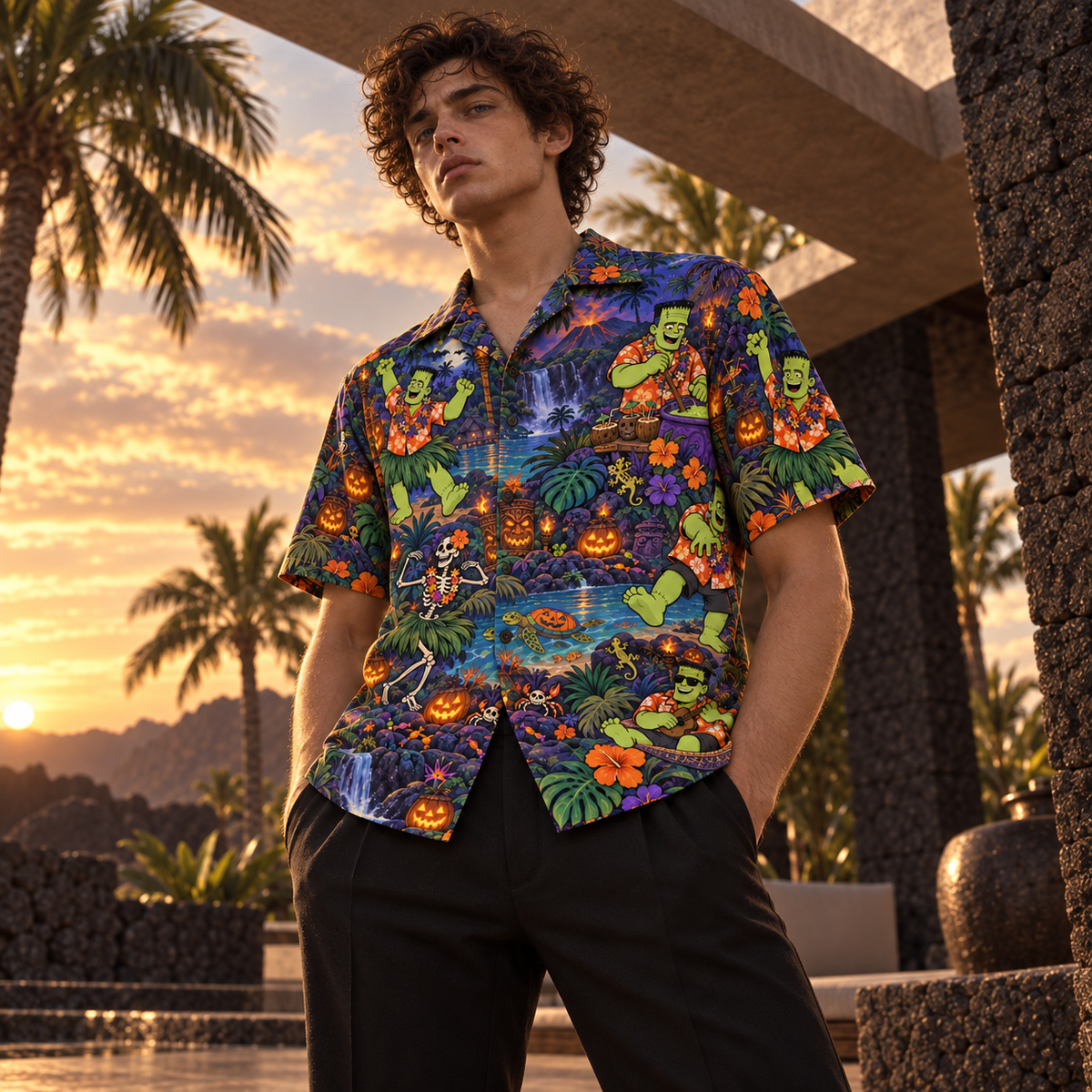 Men's Halloween 2026 Frankenstein Island Luau Hawaiian Shirt