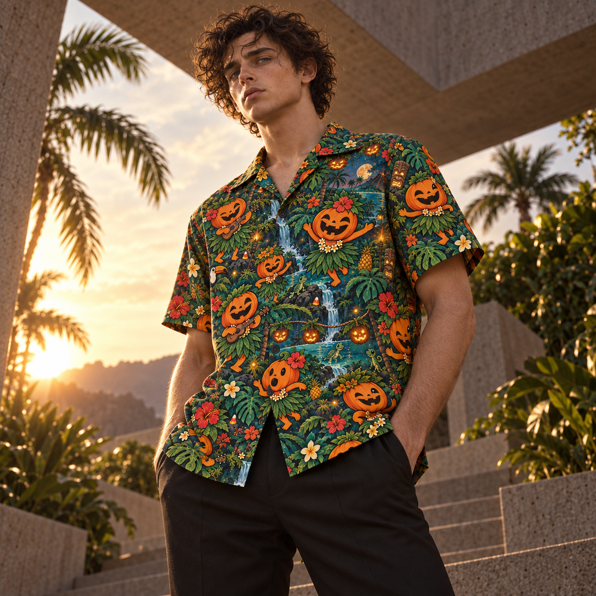 Men's Halloween 2026 Pumpkin Hula Party Hawaiian Shirt