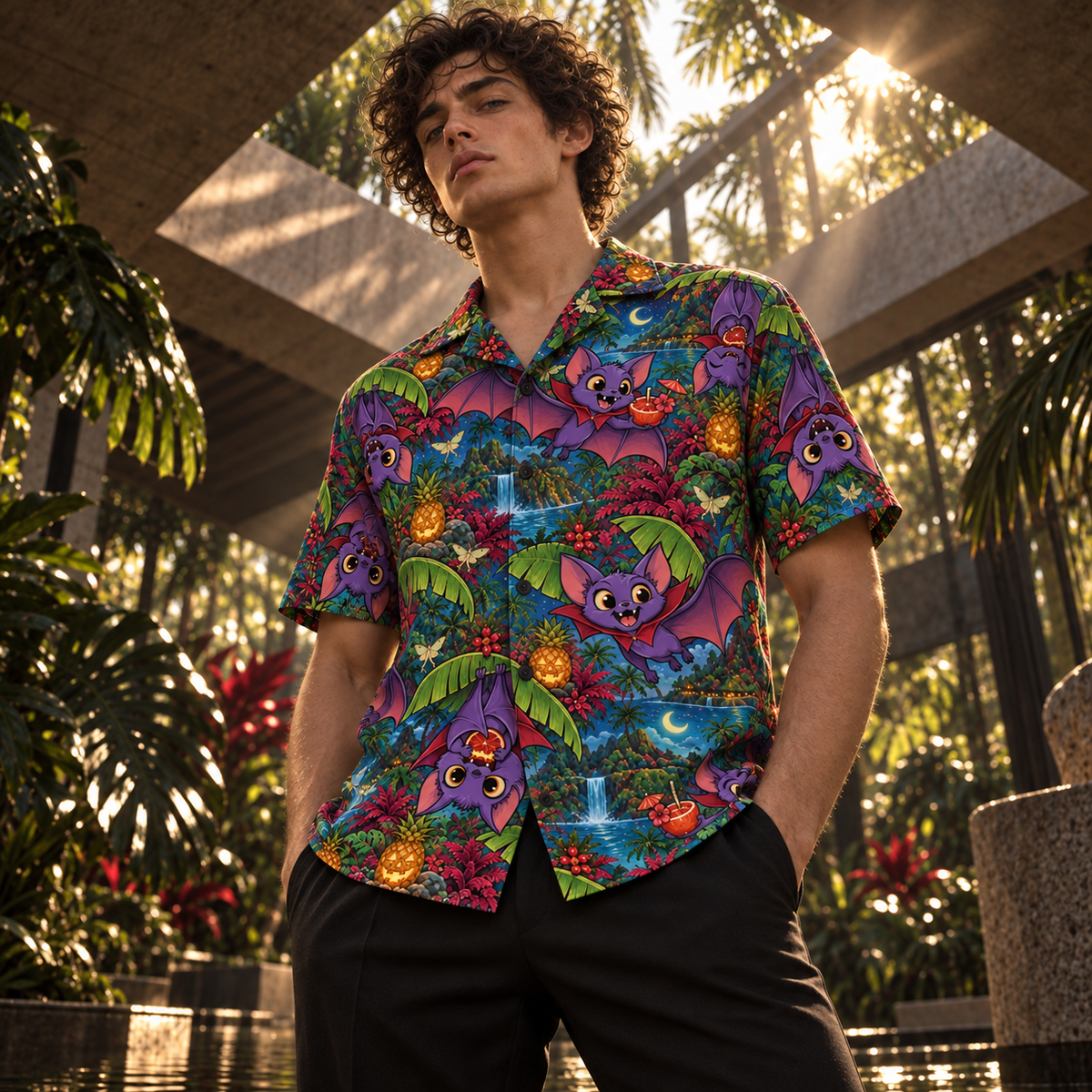 Men's Halloween 2026 Vampire Bat Botanical Hawaiian Shirt