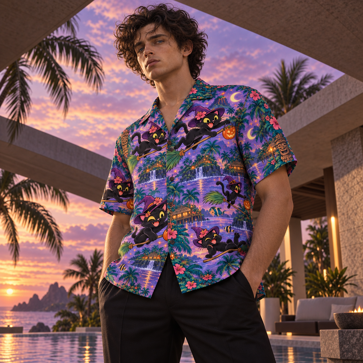 Men's Halloween 2026 Black Cat Broom Lagoon Hawaiian Shirt
