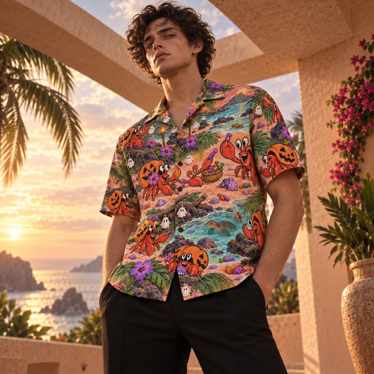 Men's Halloween 2026 Hermit Crab Haunted Beach Hawaiian Shirt