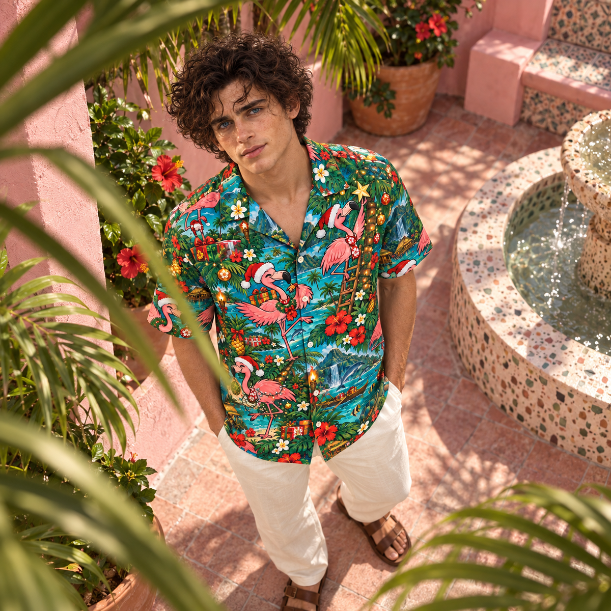 Men's Christmas 2026 Festive Flamingos Hawaiian Shirt