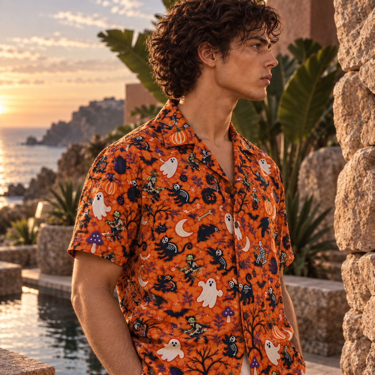 Men's Halloween 2026 Tangerine Ghost Parade Hawaiian Shirt