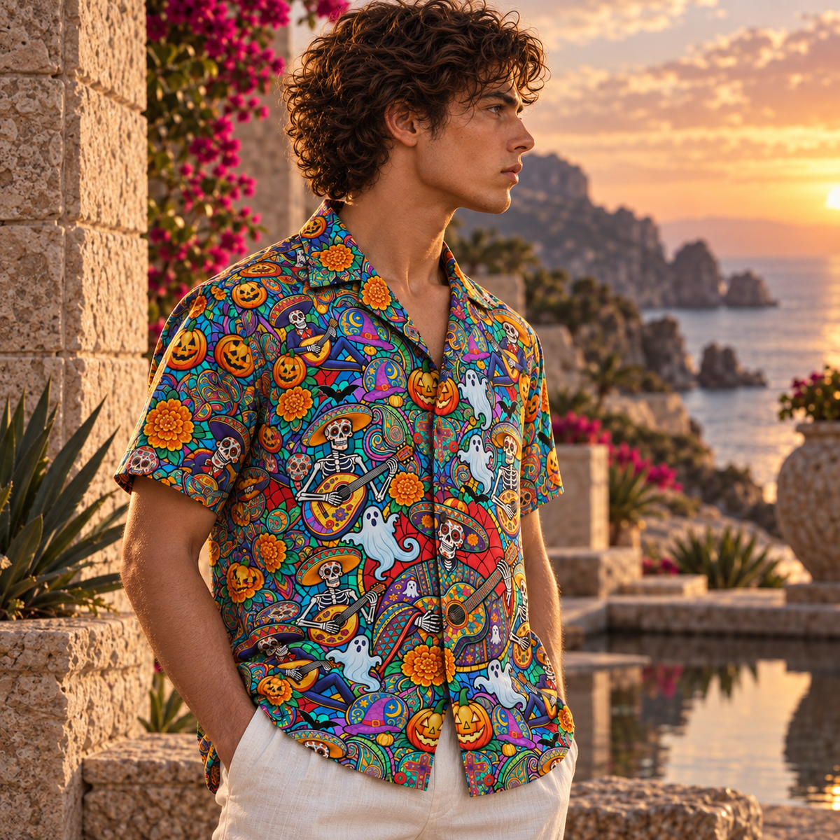 Men's Halloween 2026 Marigold Skeleton Serenade Hawaiian Shirt