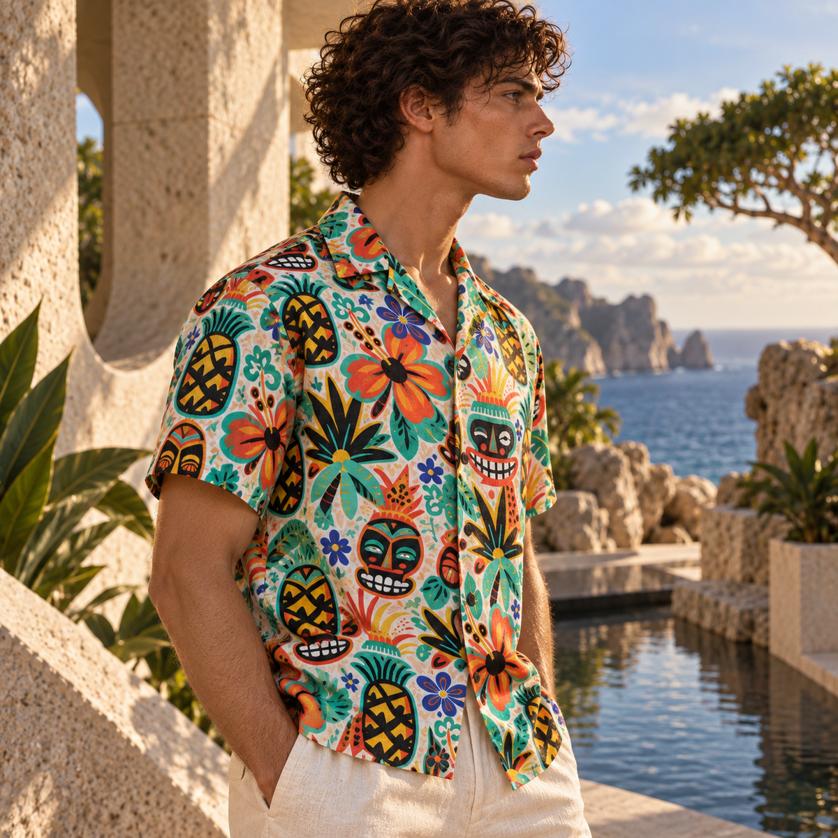 Men's Halloween 2026 Coral Tiki Masquerade Hawaiian Shirt