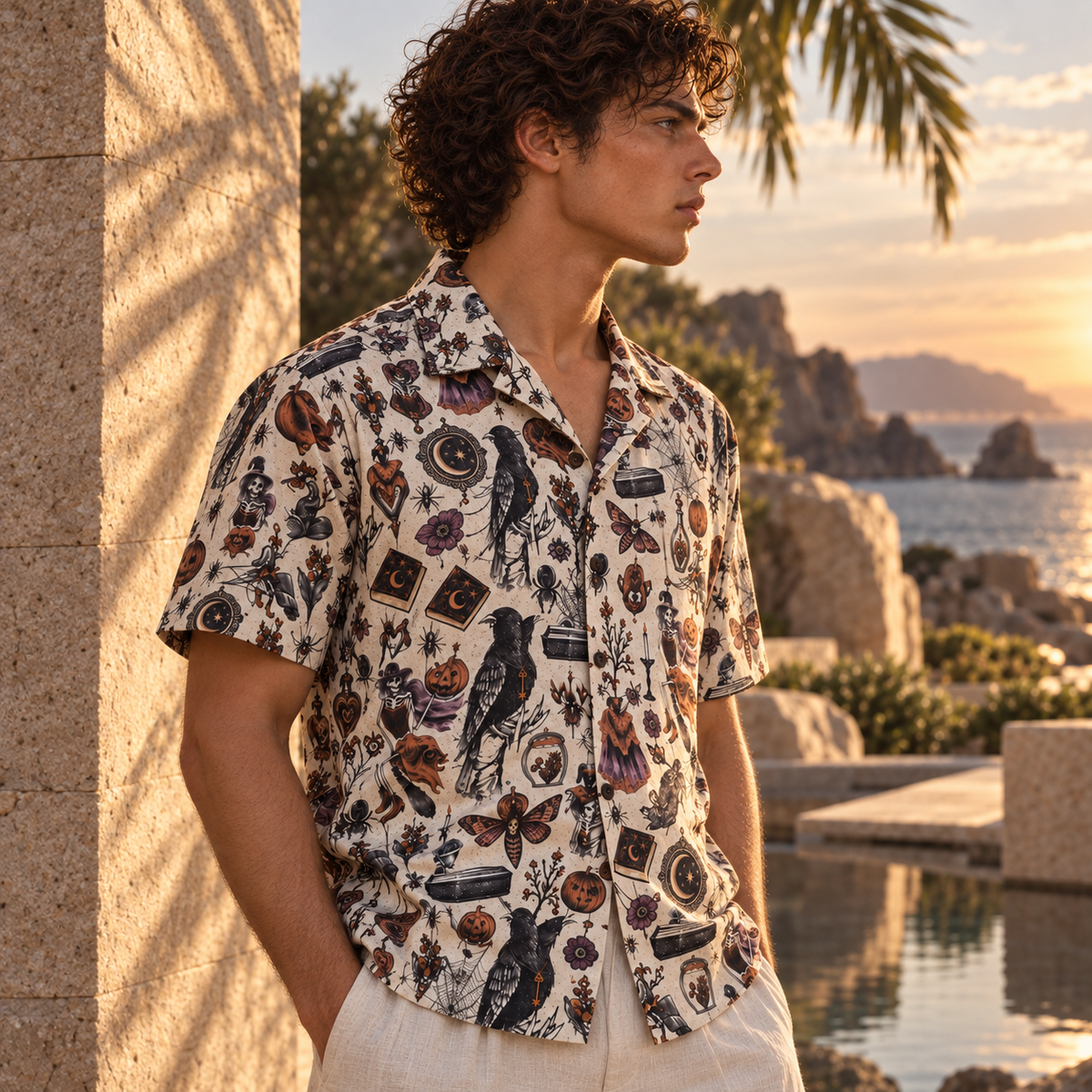 Men's Halloween 2026 Copper Moon Raven Hawaiian Shirt
