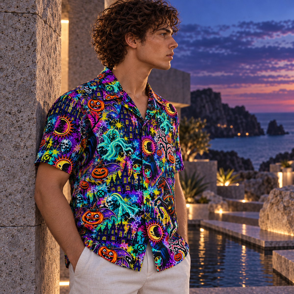 Men's Halloween 2026 Neon Pumpkin Rider Hawaiian Shirt