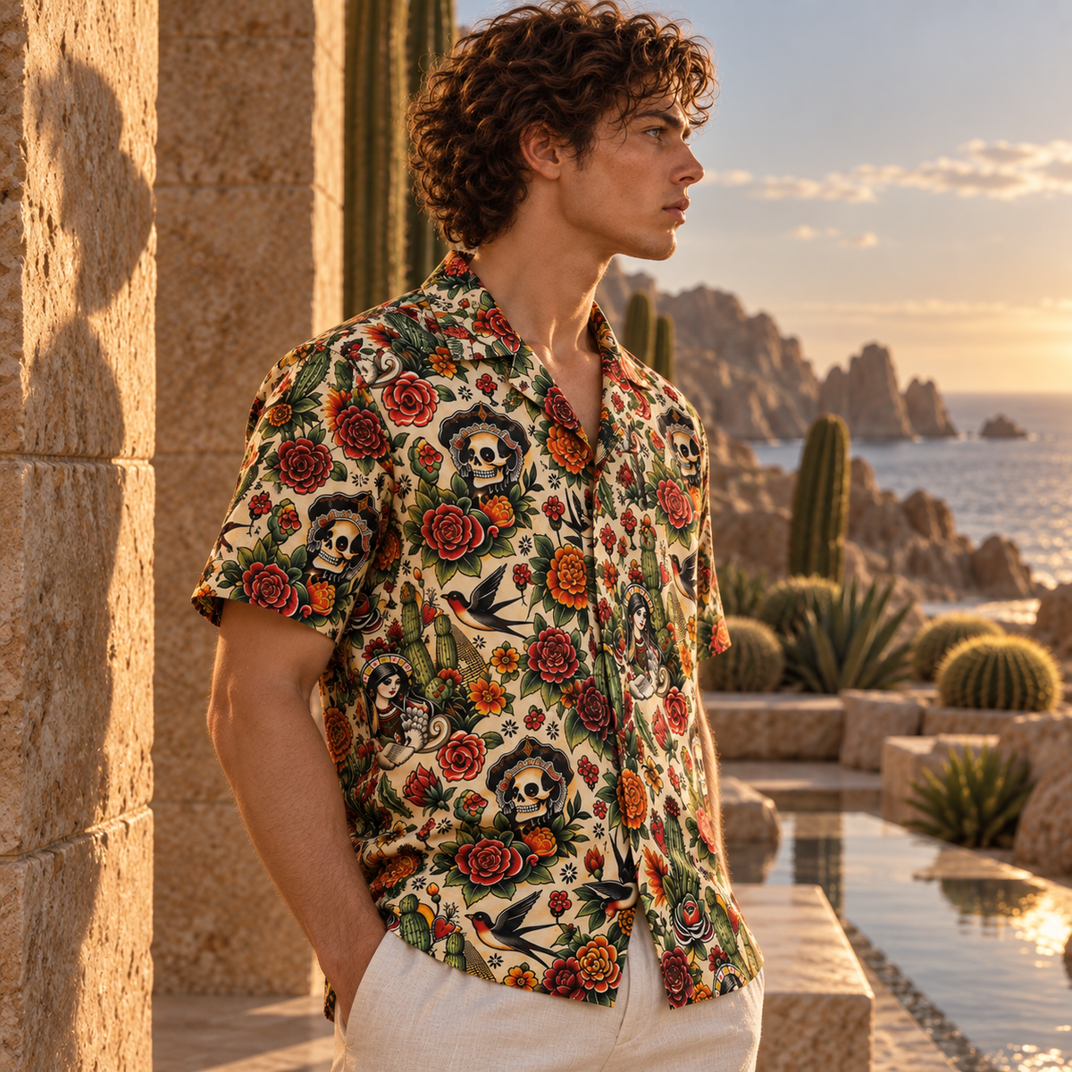 Men's Halloween 2026 Desert Skull Rose Hawaiian Shirt