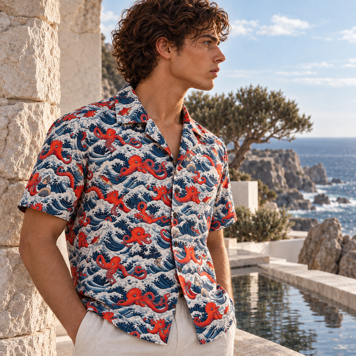 Men's Halloween 2026 Crimson Octopus Wave Hawaiian Shirt