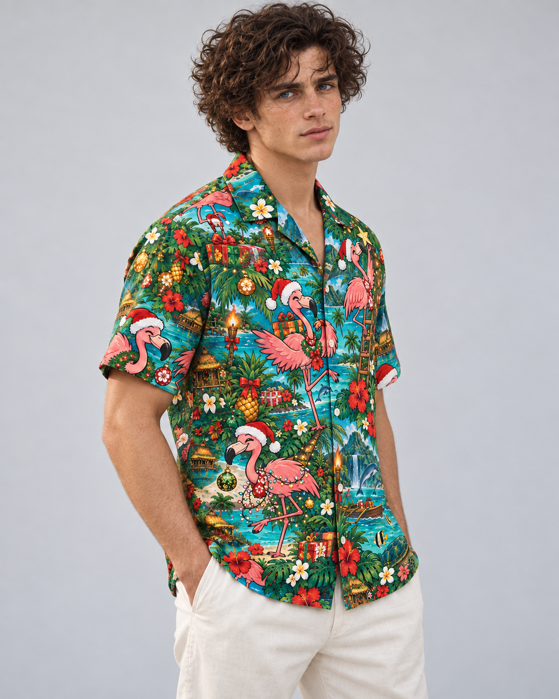 Men's Christmas 2026 Festive Flamingos Hawaiian Shirt