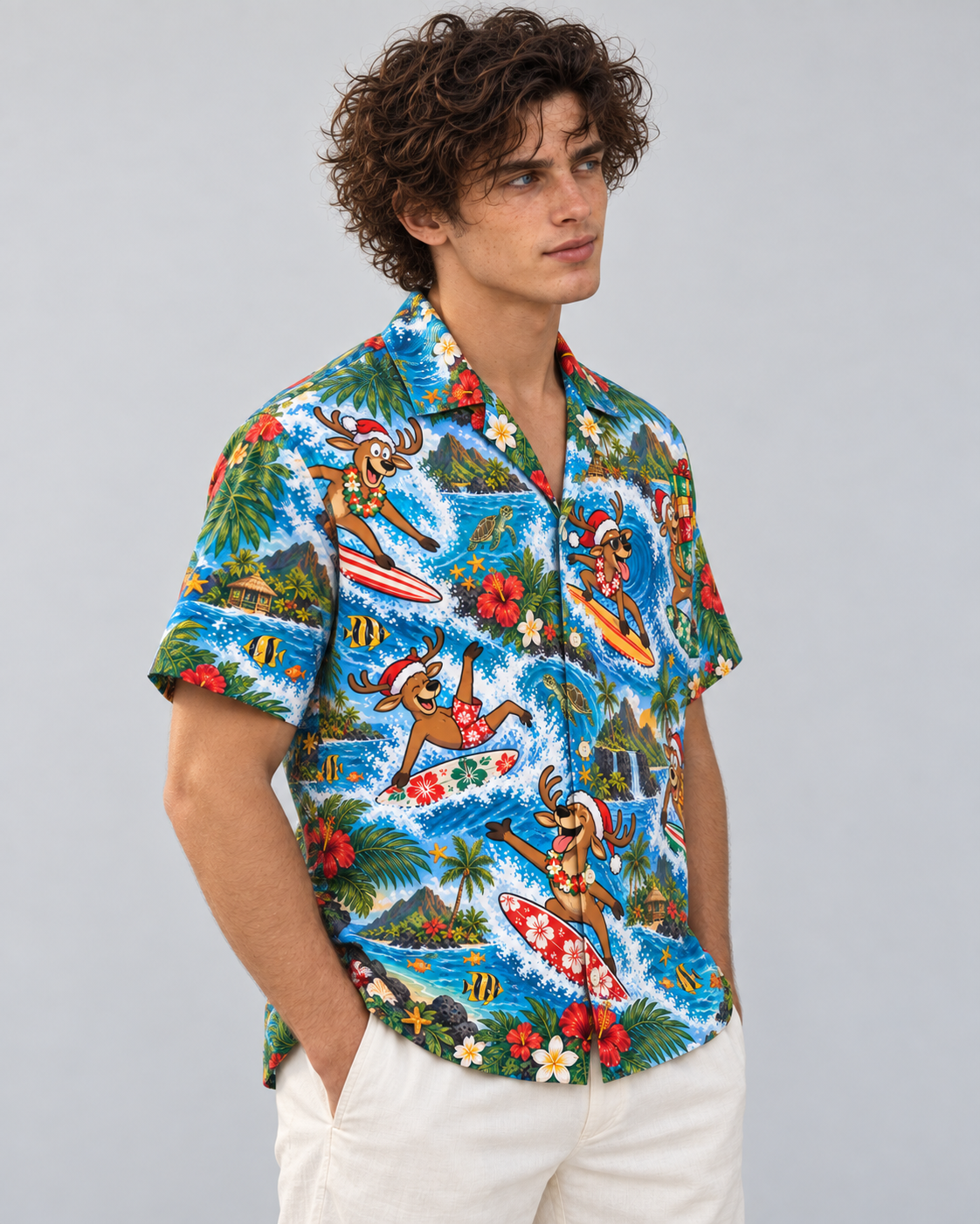 Men's Christmas 2026 Surfing Reindeer Hawaiian Shirt