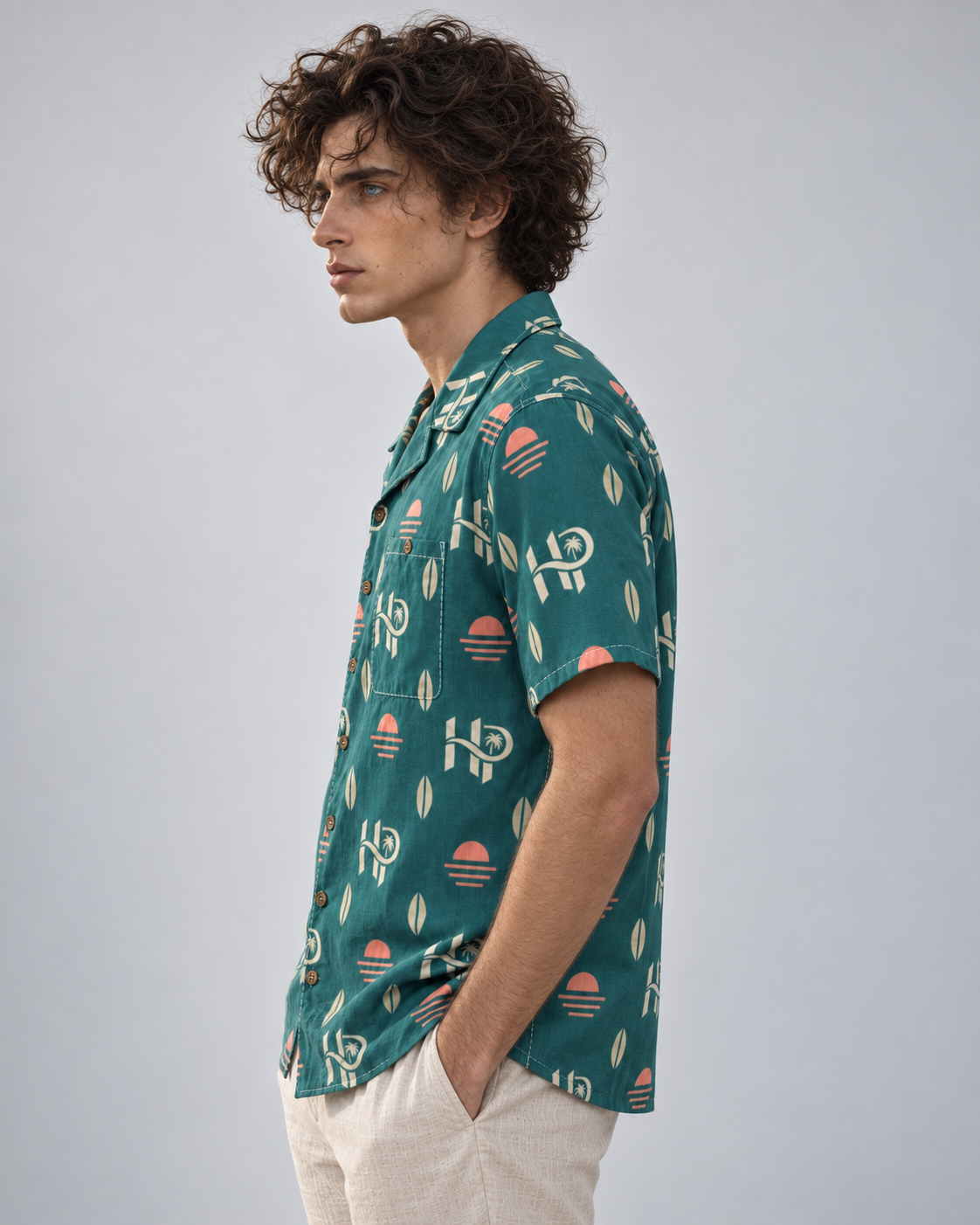 HP Sunset Monogram Hawaiian Shirt – Teal & Coral
