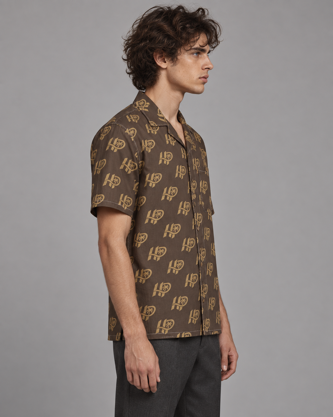 HP Palm Monogram Hawaiian Shirt – Brown & Gold