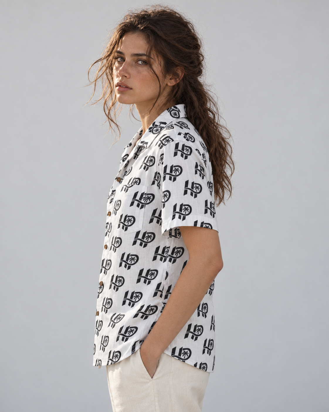 Women's HP Signature Monogram Hawaiian Shirt – White & Black