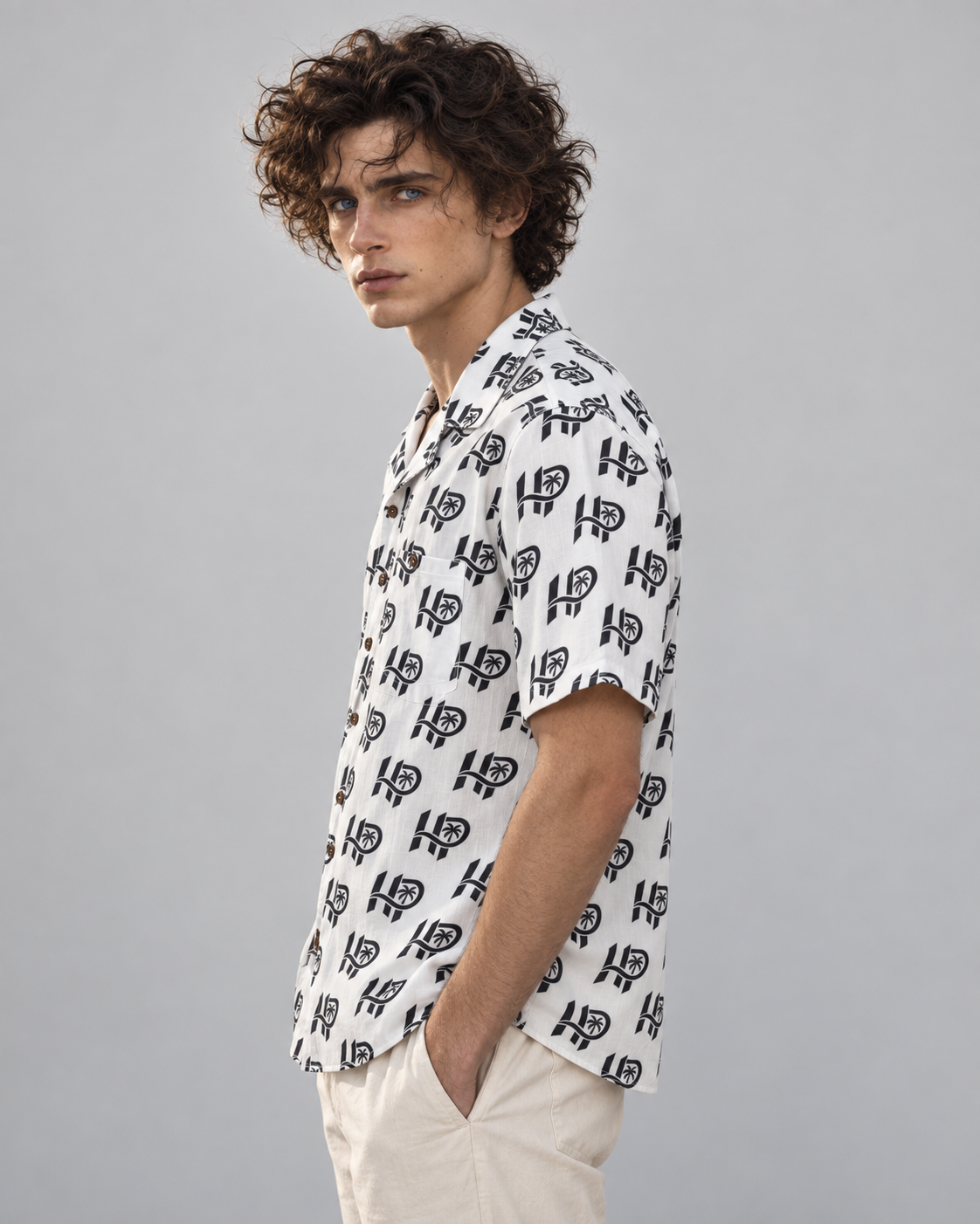 Men's HP Signature Monogram Hawaiian Shirt – White & Black