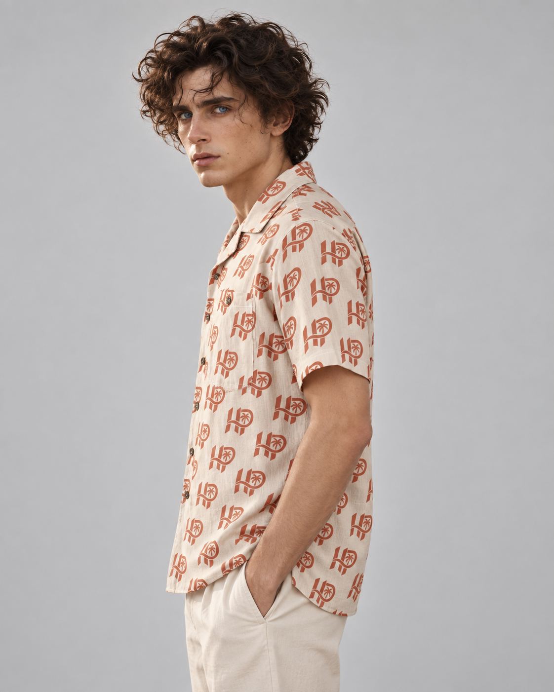 Men's HP Signature Monogram Hawaiian Shirt – Ivory & Terracotta