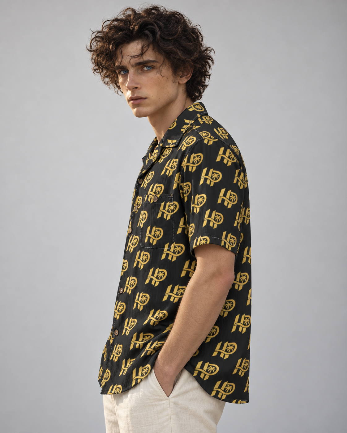 Men's HP Signature Monogram Hawaiian Shirt – Black & Gold