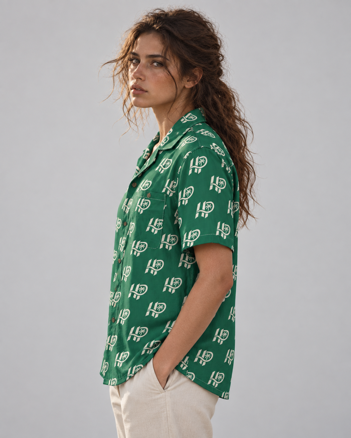 Women's HP Signature Monogram Hawaiian Shirt – Emerald & Cream