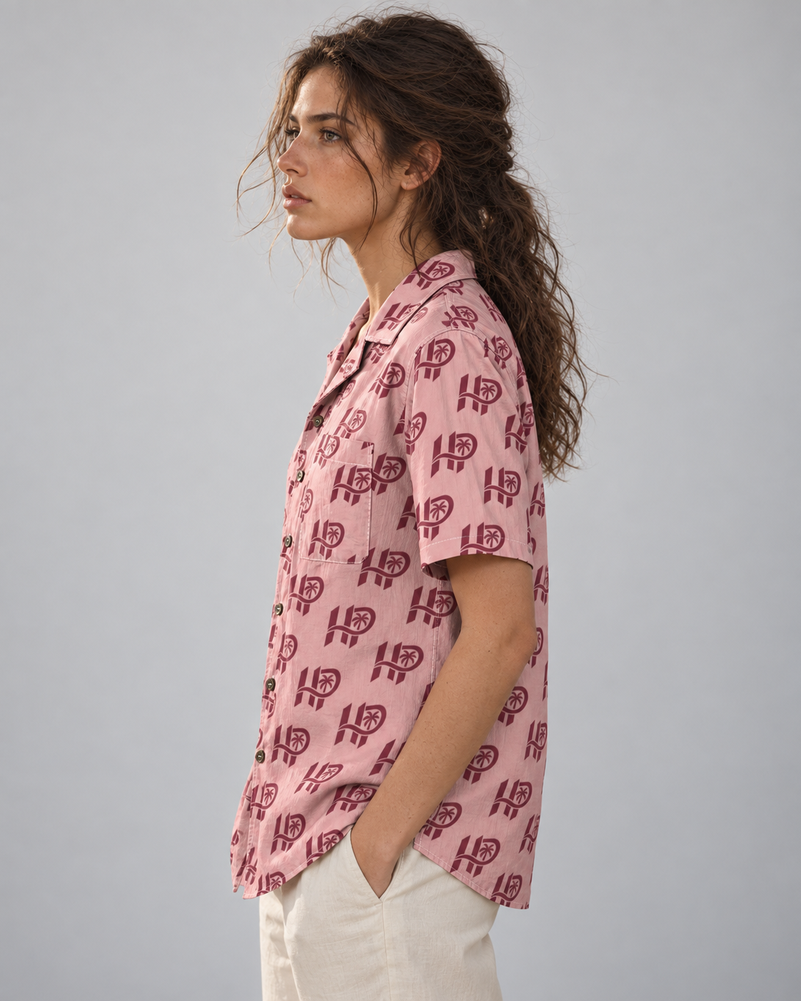 Women's HP Signature Monogram Hawaiian Shirt – Blush & Burgundy