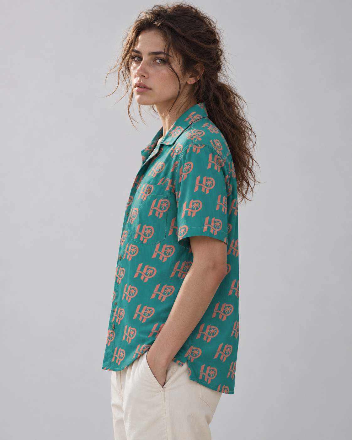 Women's HP Signature Monogram Hawaiian Shirt – Teal & Coral