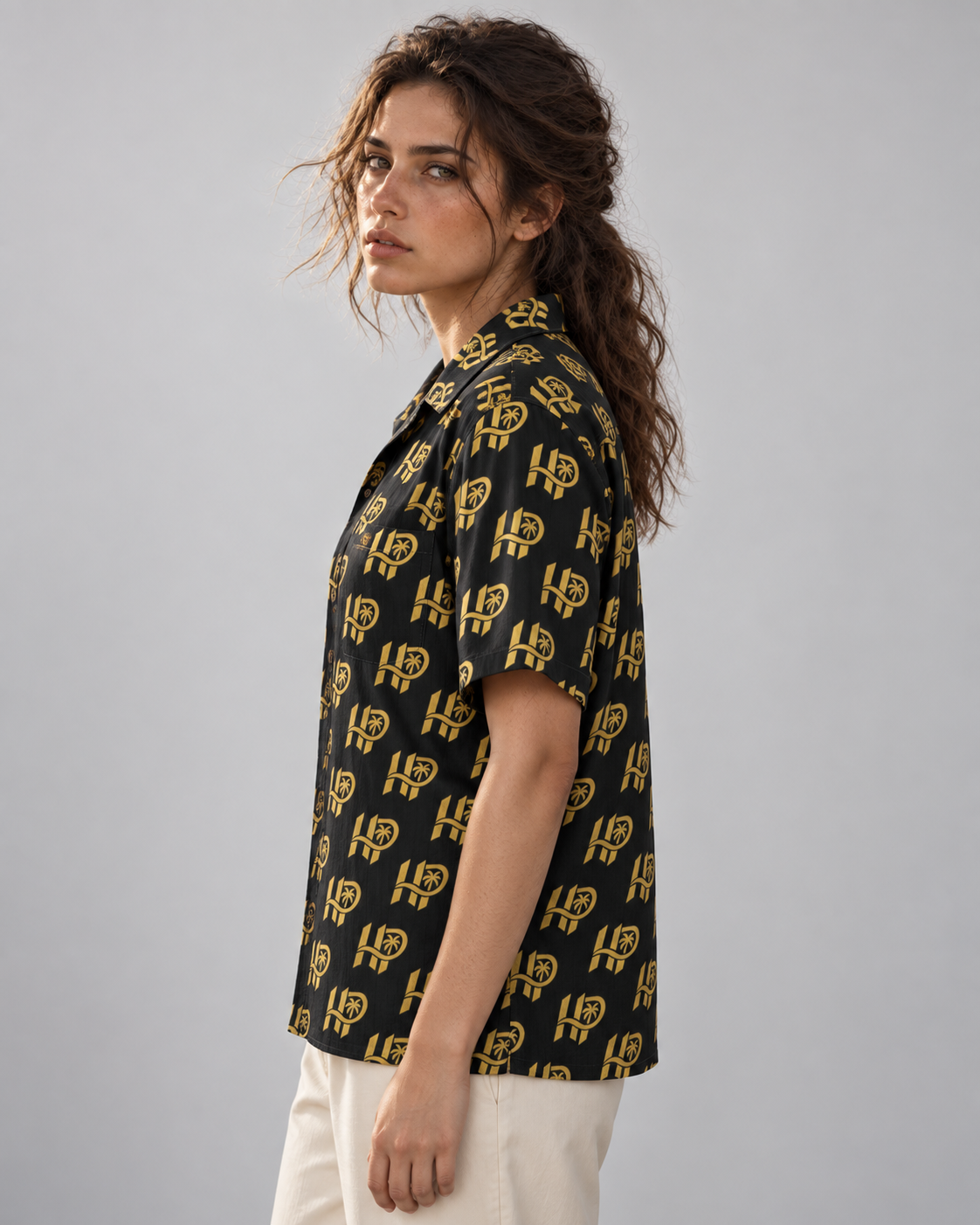Women's HP Signature Monogram Hawaiian Shirt – Black & Gold