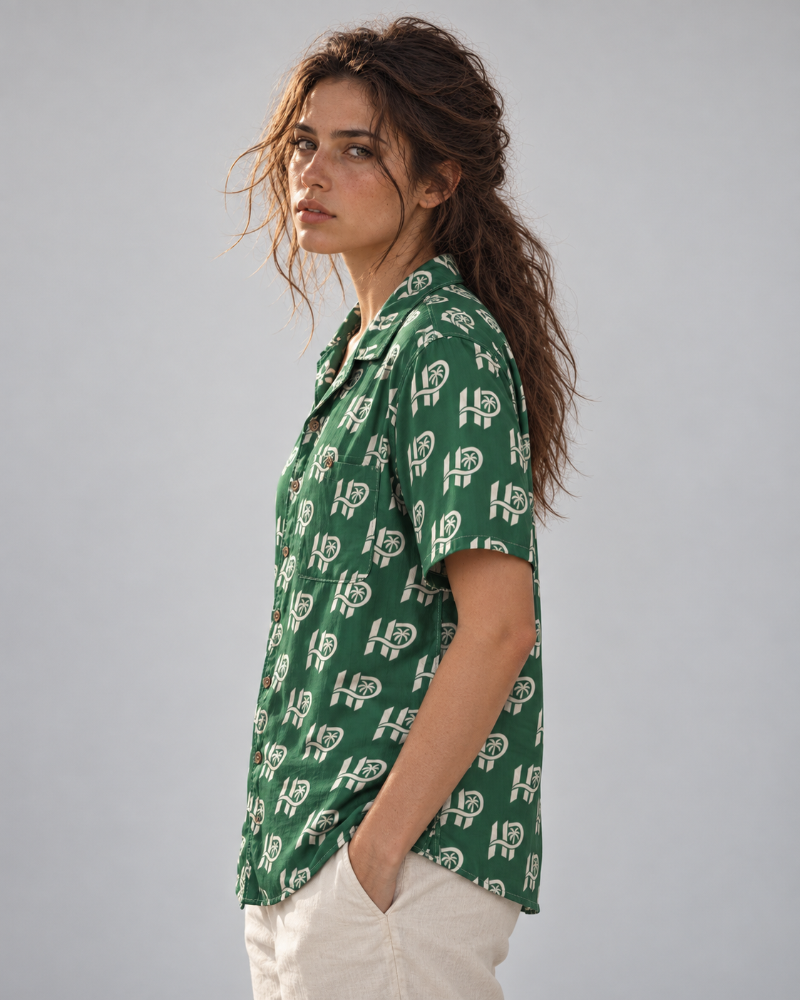 Women's HP Signature Monogram Hawaiian Shirt – Forest Green & Cream