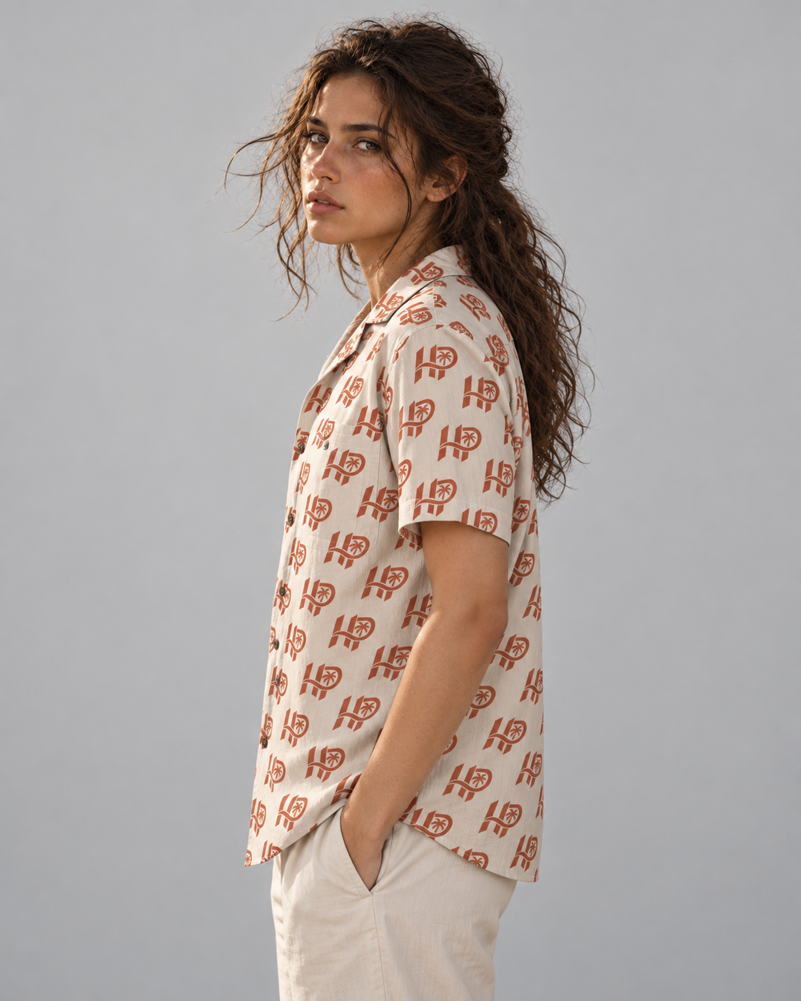 Women's HP Signature Monogram Hawaiian Shirt – Ivory & Terracotta