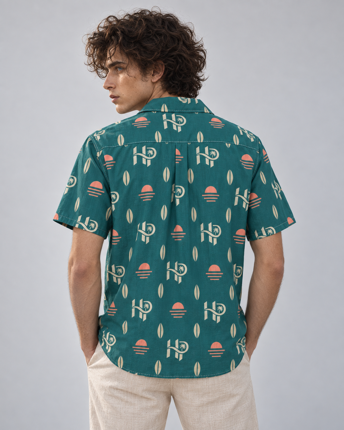 HP Sunset Monogram Hawaiian Shirt – Teal & Coral
