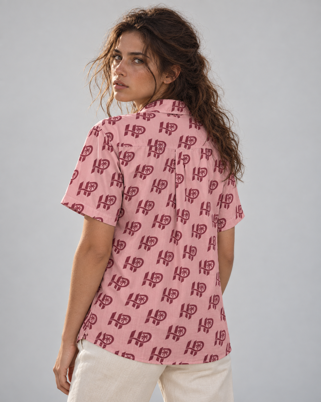 Women's HP Signature Monogram Hawaiian Shirt – Blush & Burgundy