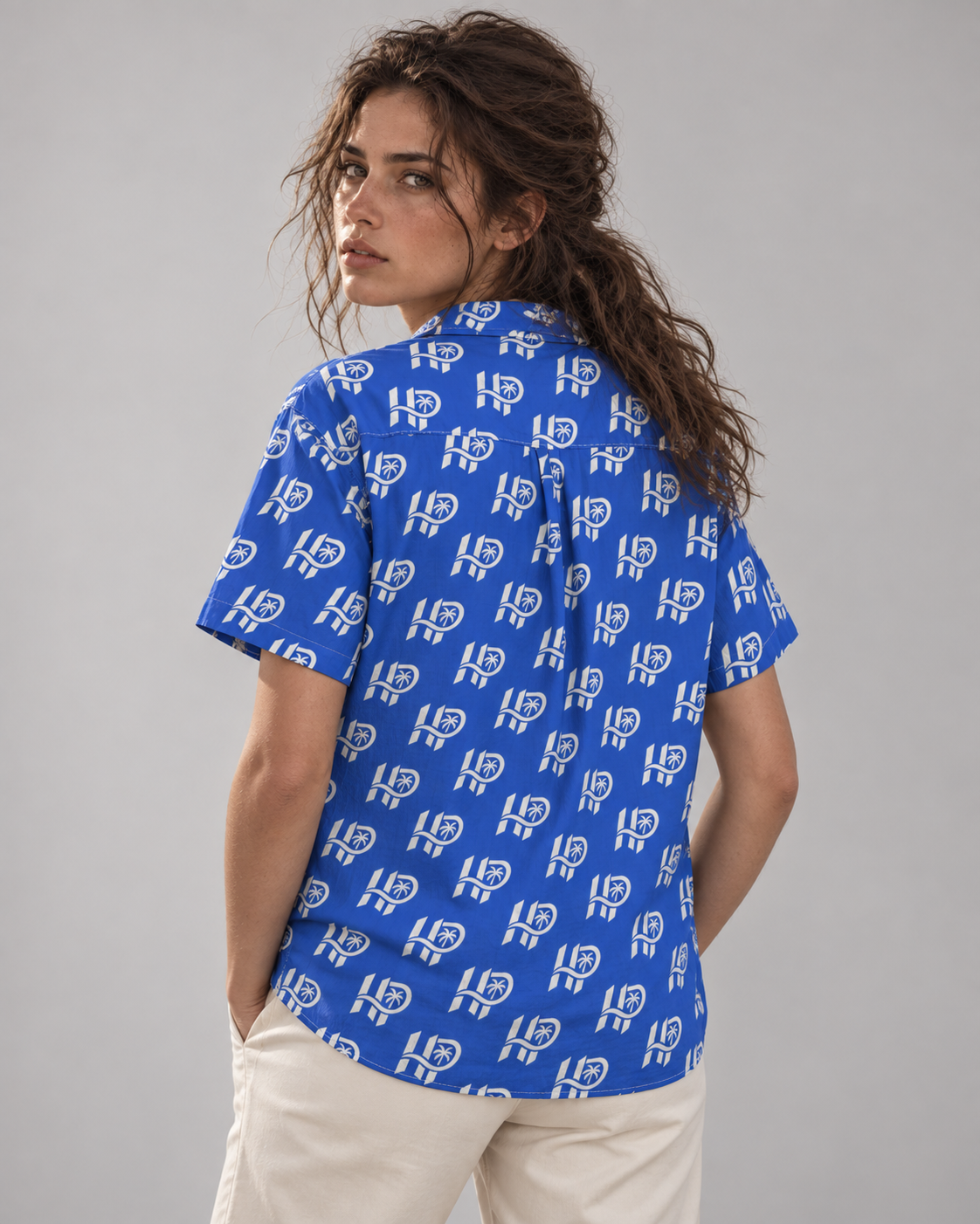 Women's HP Signature Monogram Hawaiian Shirt – Royal Blue & White
