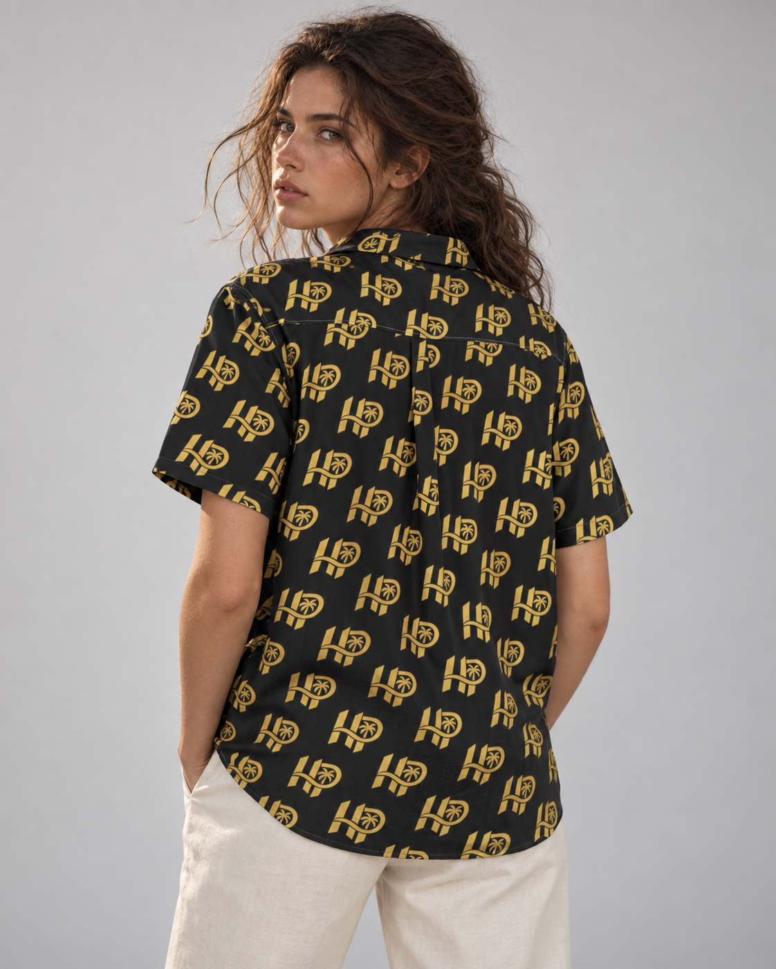 Women's HP Signature Monogram Hawaiian Shirt – Black & Gold