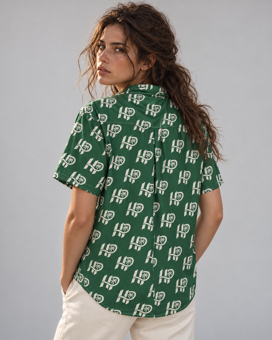 Women's HP Signature Monogram Hawaiian Shirt – Forest Green & Cream