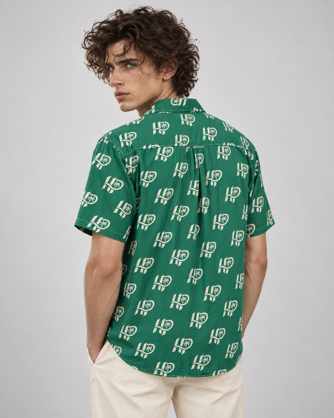 Men's HP Signature Monogram Hawaiian Shirt – Emerald & Cream