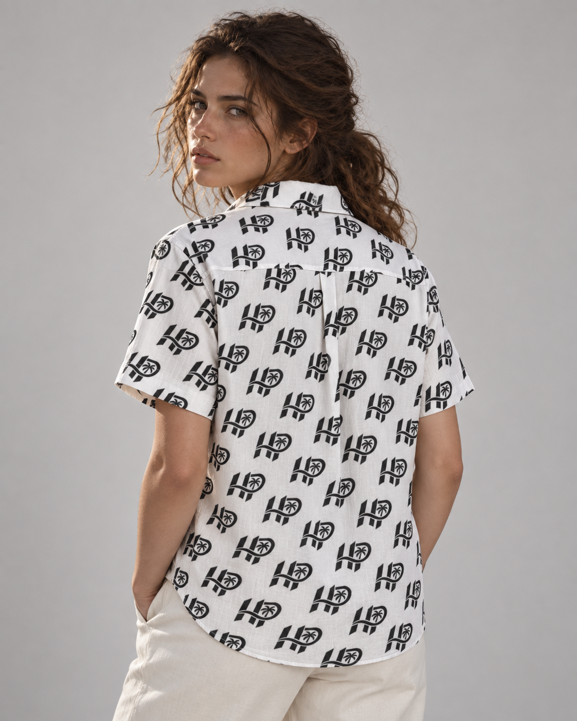 Women's HP Signature Monogram Hawaiian Shirt – White & Black