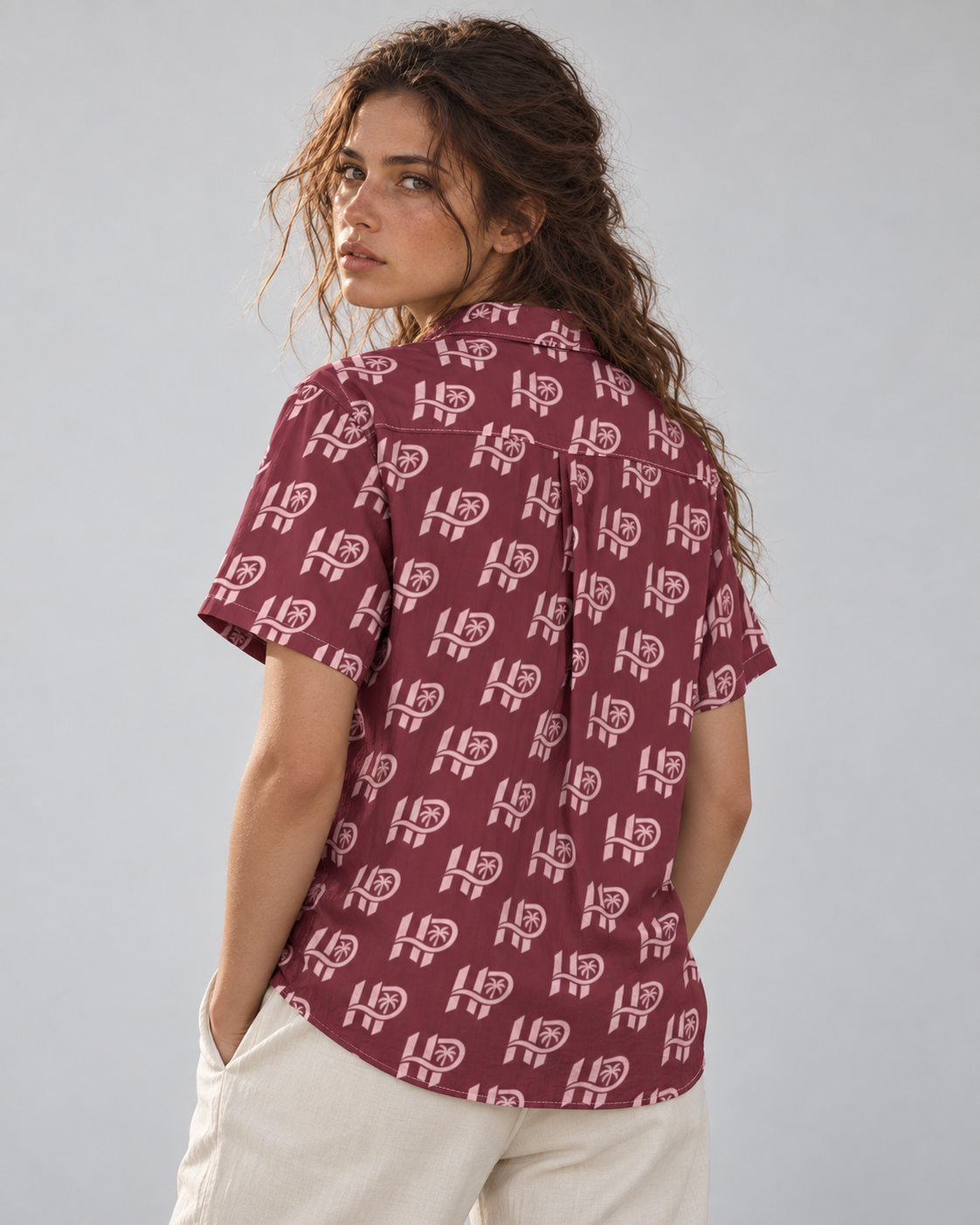 Women's HP Signature Monogram Hawaiian Shirt – Burgundy & Blush