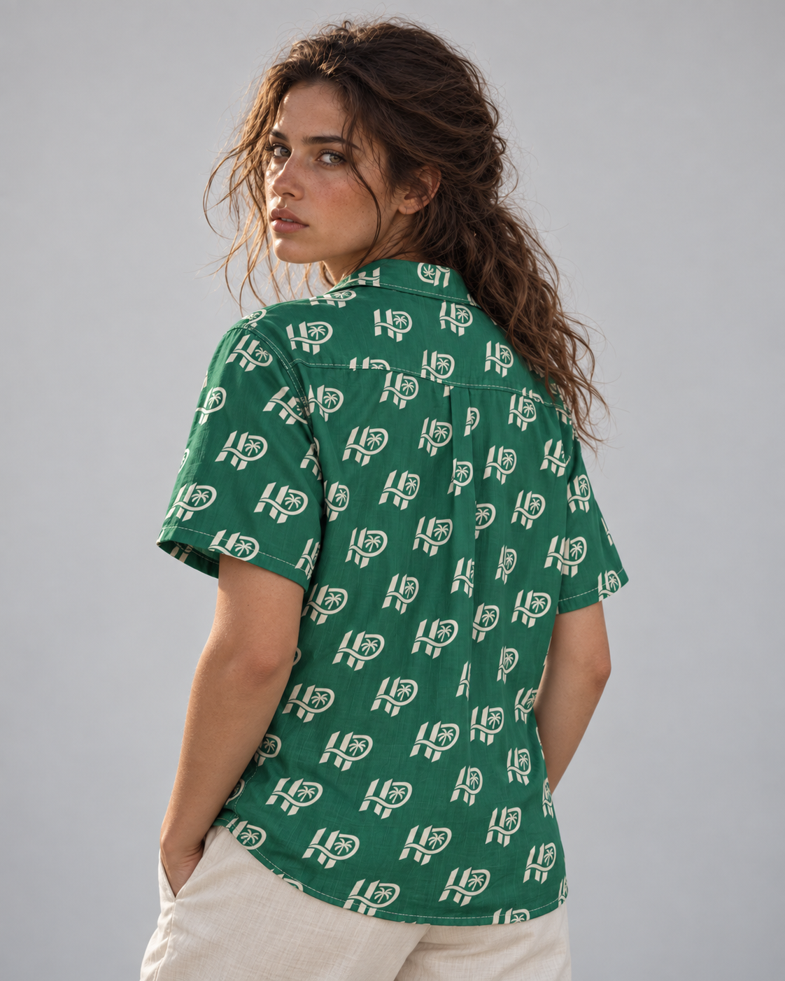Women's HP Signature Monogram Hawaiian Shirt – Emerald & Cream
