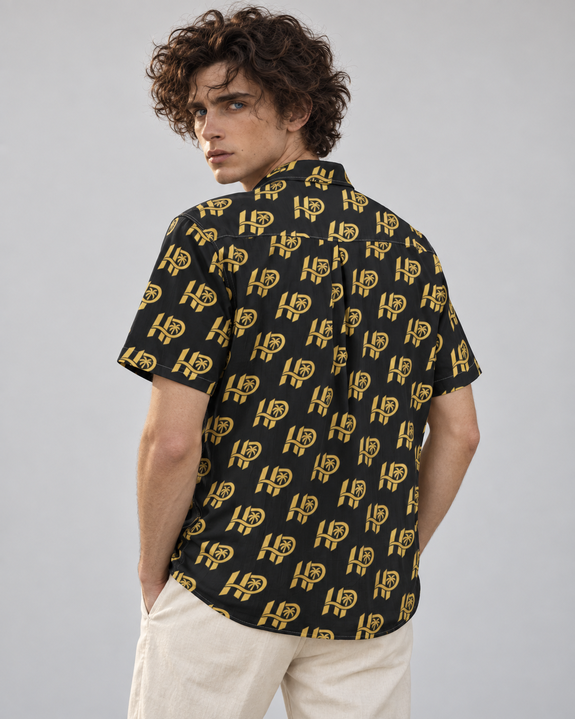 Men's HP Signature Monogram Hawaiian Shirt – Black & Gold
