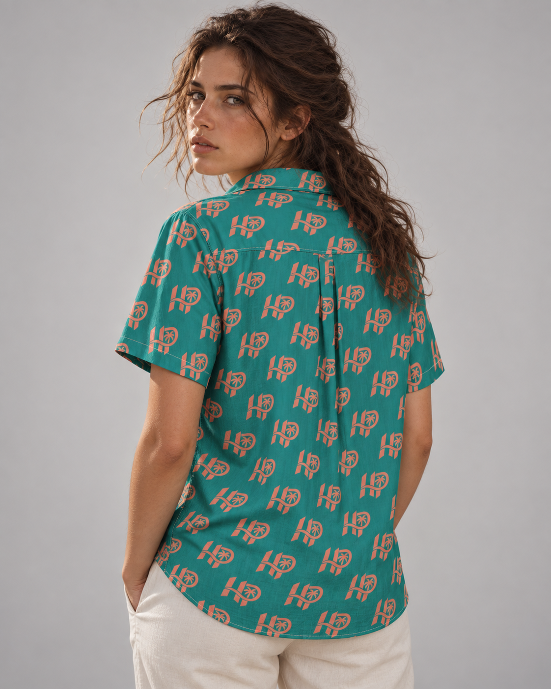 Women's HP Signature Monogram Hawaiian Shirt – Teal & Coral