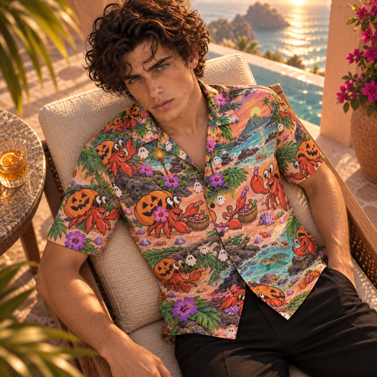Men's Halloween 2026 Hermit Crab Haunted Beach Hawaiian Shirt