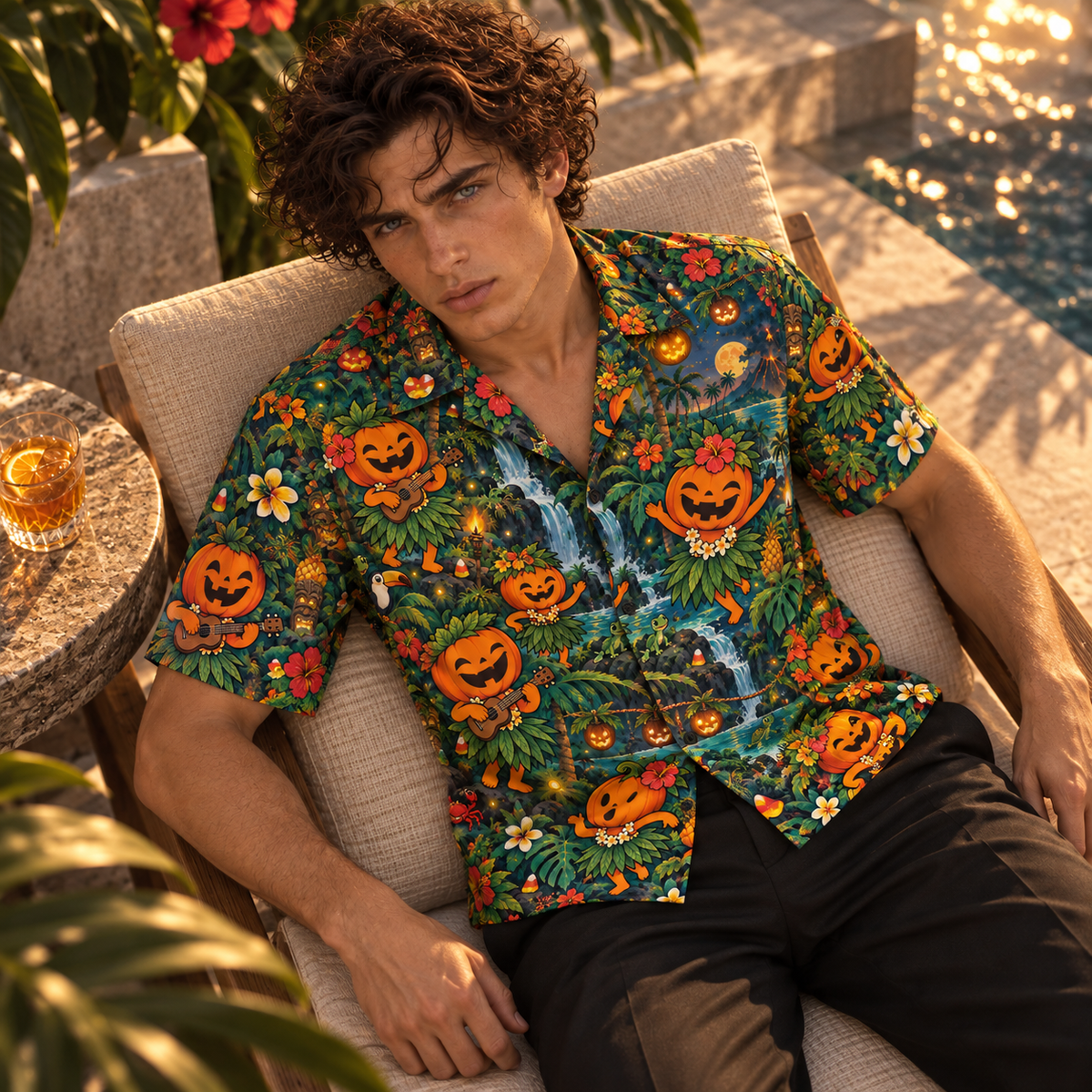 Men's Halloween 2026 Pumpkin Hula Party Hawaiian Shirt