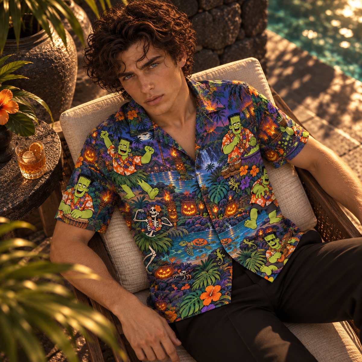 Men's Halloween 2026 Frankenstein Island Luau Hawaiian Shirt