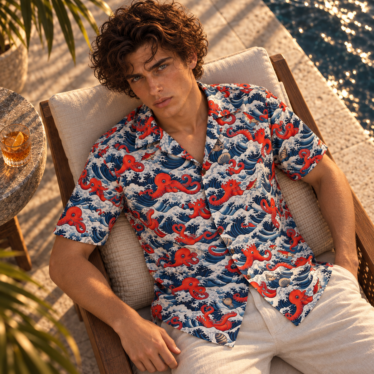 Men's Halloween 2026 Crimson Octopus Wave Hawaiian Shirt