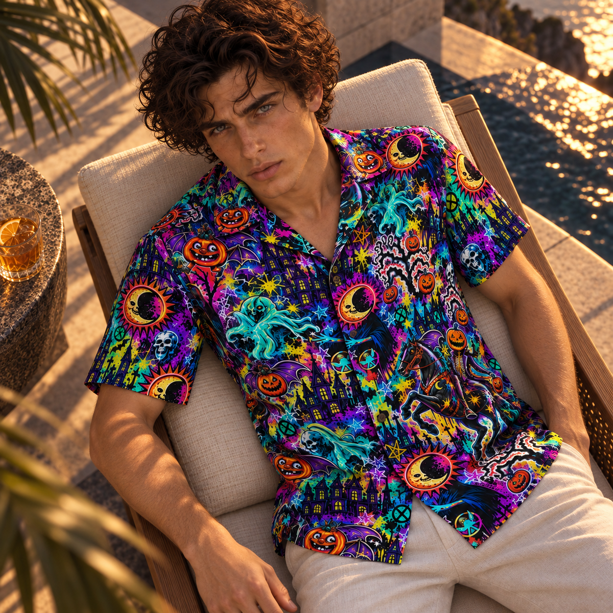 Men's Halloween 2026 Neon Pumpkin Rider Hawaiian Shirt
