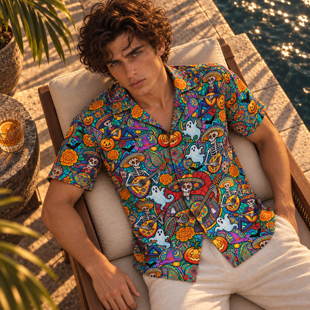 Men's Halloween 2026 Marigold Skeleton Serenade Hawaiian Shirt