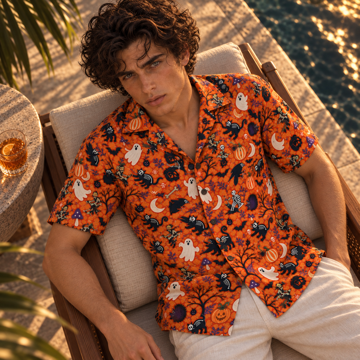 Men's Halloween 2026 Tangerine Ghost Parade Hawaiian Shirt
